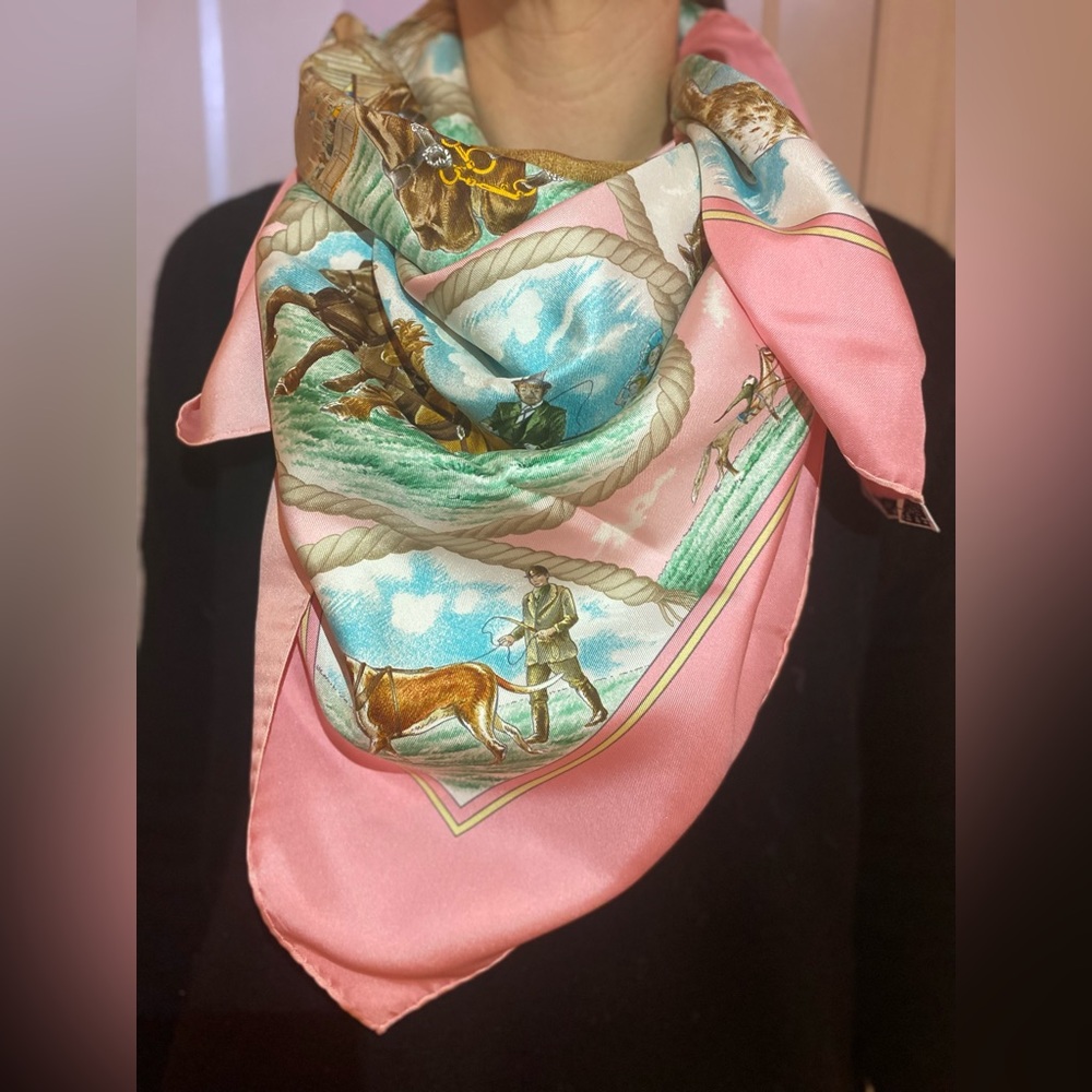 35in by 35in square pink scarf with horses